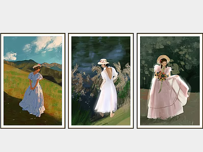 Three Female Figure Paintings Wearing Hats With Colorful Dresses And Natural Backgrounds 3d model