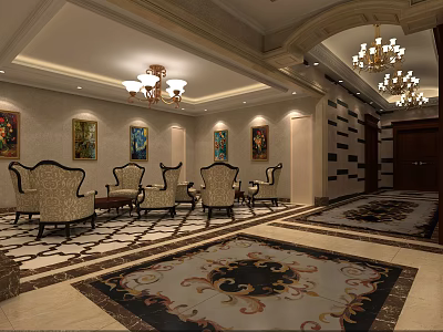 Elegant Leisure Area With Comfortable Chairs Chandeliers Decorative Paintings And Patterned Carpets 3d model