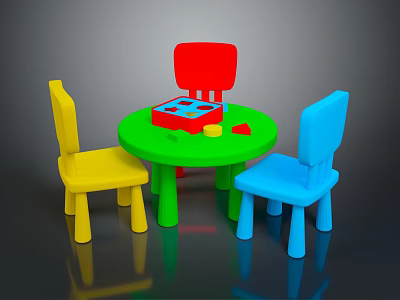 Kids Colorful Toy Table Set With Three Chairs And Building Blocks 3d model