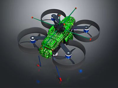 Green Quadrotor Drone With Circuit Board Design And Colorful Components 3d model