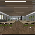 Bright Cafeteria Interior With Wooden Ceiling Tables Green Chairs Windows Menu Boards 3d model