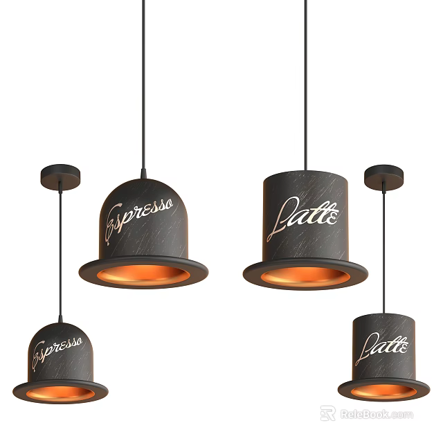 Hat Shaped Pendant Lights With Espresso Latte Text And Warm Glow For Cafe 3d model