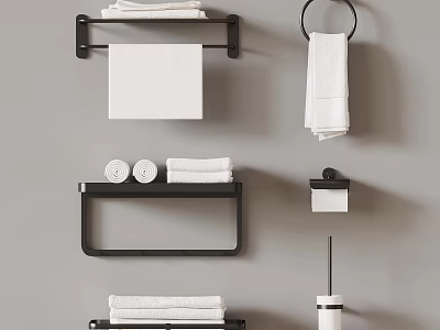 Wall Mounted Black Bathroom Accessories With White Towels Soap Dishes And Toilet Brush 3d model