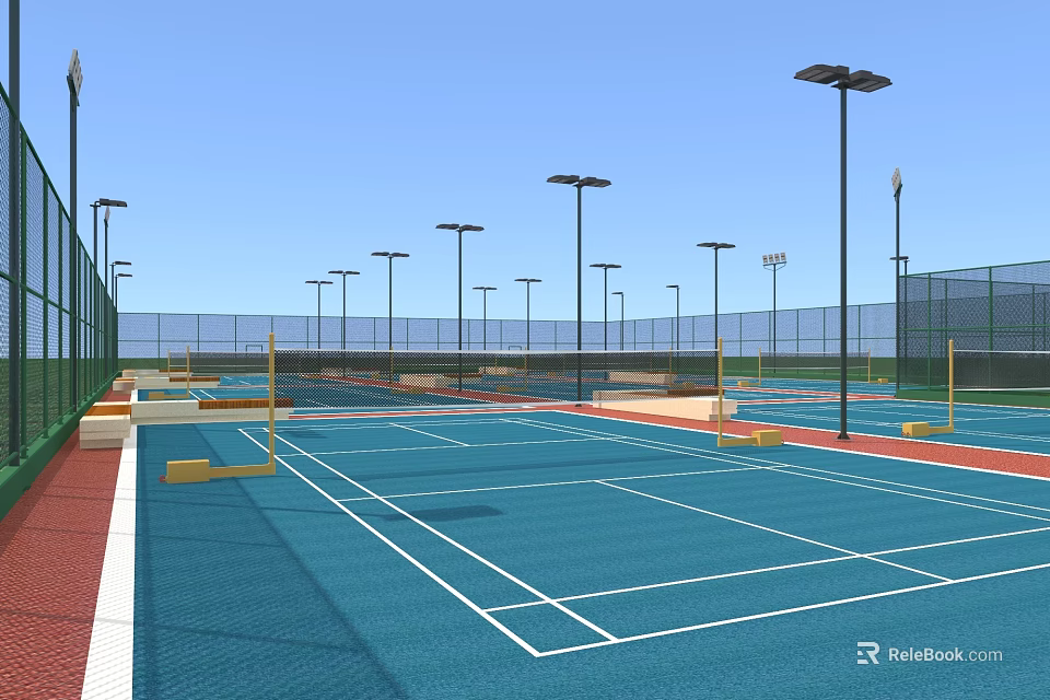 Outdoor Tennis Courts With Blue Surface White Lines Lighting Poles And Fencing 3d model 