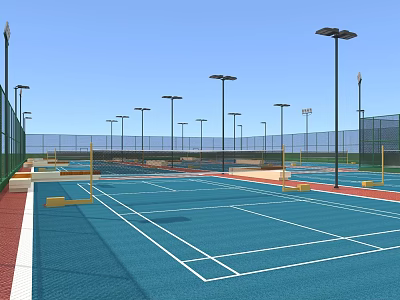 Outdoor Tennis Courts With Blue Surface White Lines Lighting Poles And Fencing 3d model