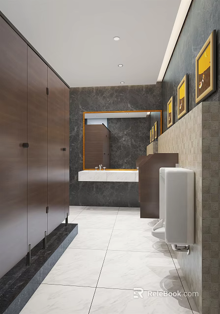 Modern Hotel Bathroom Interior With Dark Wood Cabinets Marble Walls And Large Mirror 3d model 