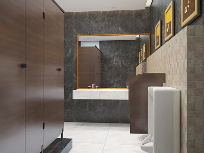 Modern Hotel Bathroom Interior With Dark Wood Cabinets Marble Walls And Large Mirror 3d model