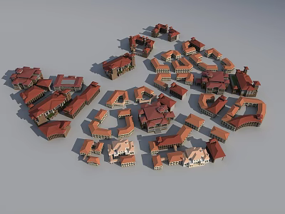 Aerial View Planning Residential Area Layout With Red Roof Buildings And Architectural Design 3d model