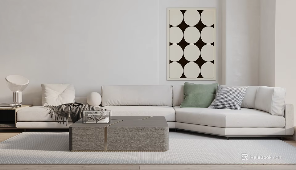 Modern L Sectional Sofa With Green Patterned Cushions Grey Coffee Table Circular Wall Art 3d model