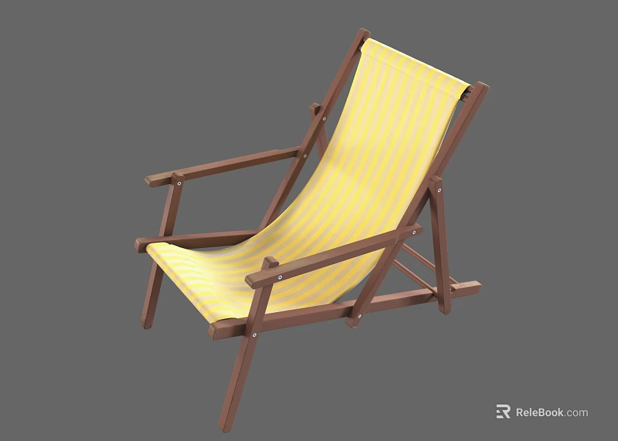 Folding Lounge Chair with Wooden Frame Yellow Striped Canvas Seat and Backrest 3d model 