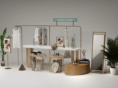 CHILLCHAN Modern Clothing Display Shelves With Hanging Clothes Decorations Plants And Mirror 3d model
