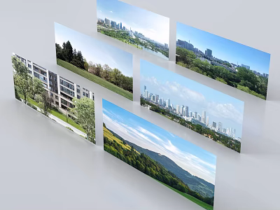 Various Scenery Cards Showcasing City Skyline Buildings Green Fields And Mountain Views 3d model