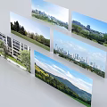 Various Scenery Cards Showcasing City Skyline Buildings Green Fields And Mountain Views