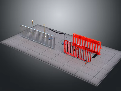 Silver Metal Fence And Red Plastic Barrier On Gray Tiled Ground 3d model