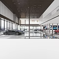 Modern Spacious Car Showroom With Glass Curtain Wall Black Sports Car Chandelier And Display Area