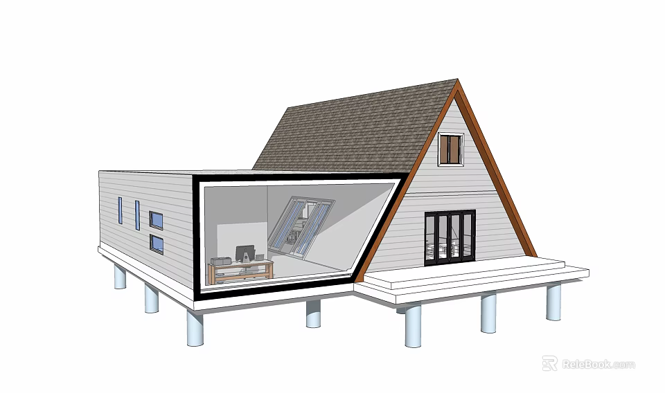 A Frame Cabin House With Gray Roof White Walls And Open Deck Design 3d model 