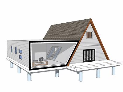 A Frame Cabin House With Gray Roof White Walls And Open Deck Design 3d model
