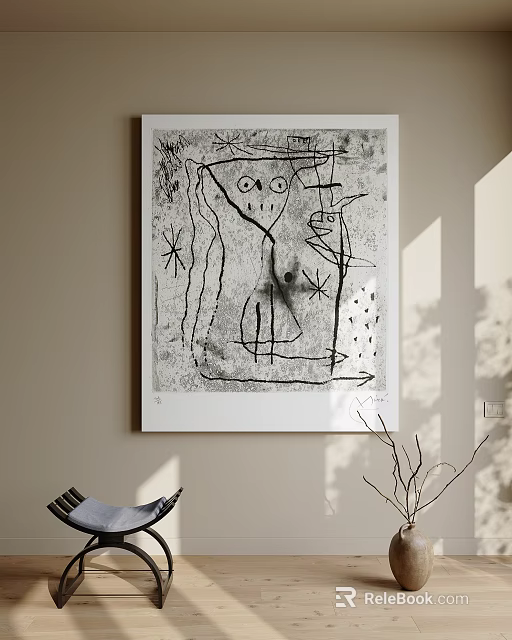 Modern Abstract Painting With Black And White Lines On Wall 3d model 