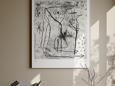 Modern Abstract Painting With Black And White Lines On Wall 3d model