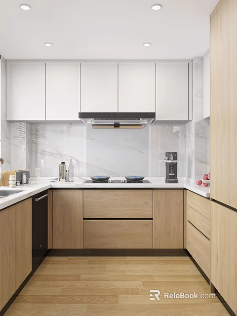 Modern Kitchen Interior With White Upper Cabinets Wooden Lower Cabinets And Marble Backsplash 3d model