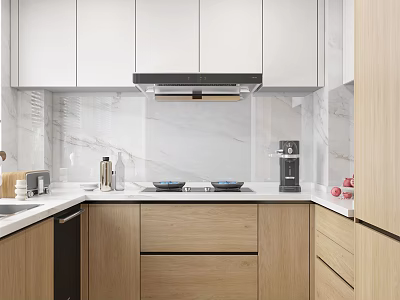 Modern Kitchen Interior With White Upper Cabinets Wooden Lower Cabinets And Marble Backsplash 3d model