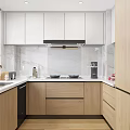 Modern Kitchen Interior With White Upper Cabinets Wooden Lower Cabinets And Marble Backsplash