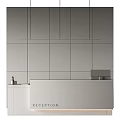 Minimalist Reception Desk with Marble Countertop Gray Wall and Hanging Light Fixture in Modern Design