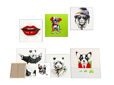 Colorful Animal Paintings With Panda Dog Lion And Artistic Designs 3d model
