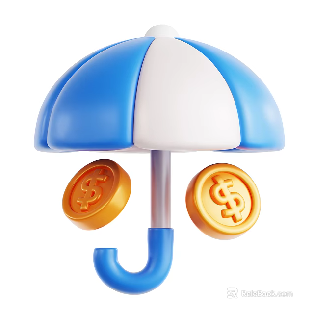 Blue And White Striped Umbrella Decorative Ornament Set With Hanging Dollar Sign Gold Coins 3d model 