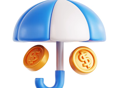 Blue And White Striped Umbrella Decorative Ornament Set With Hanging Dollar Sign Gold Coins 3d model