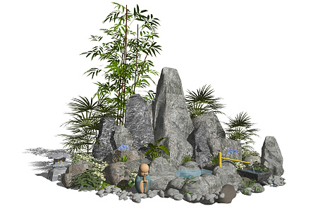 New Chinese style landscape sketch rockery waterscape courtyard landscape plant stone 3d model