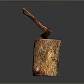 Rustic Wooden Stump With Embedded Axe Showcasing Natural Wood Texture And Craftsmanship