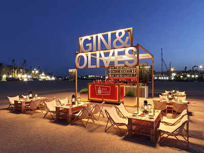 Outdoor Beach Bar With Gin Olives Signage And Seating At Night 3d model
