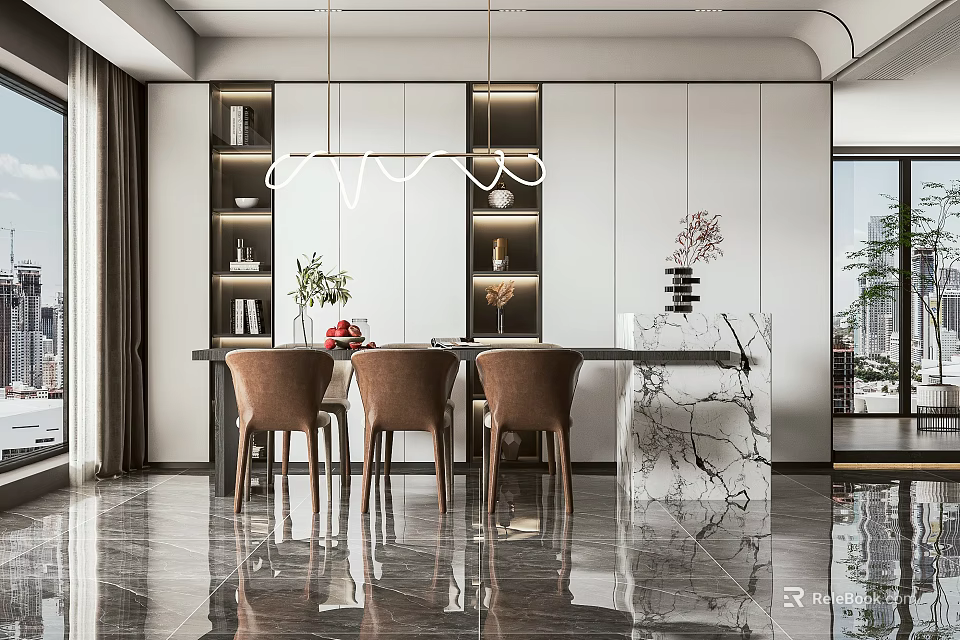 Modern Restaurant Interior With Dining Table Brown Chairs Marble Counter And Decorative Lights 3d model 