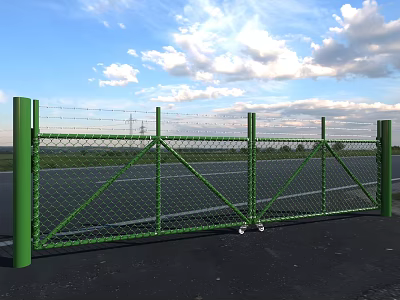 Green Diamond Mesh Fence With Top Barbed Wire Against Blue Sky White Clouds And Grassland 3d model