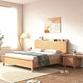 Wooden Double Bed with Headboard Nightstand Table Lamp Potted Plant and Wall Art Near Window