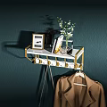 Modern Wall Mounted Coat Rack With Gold Hooks White Shelf Picture Frames And Flowers