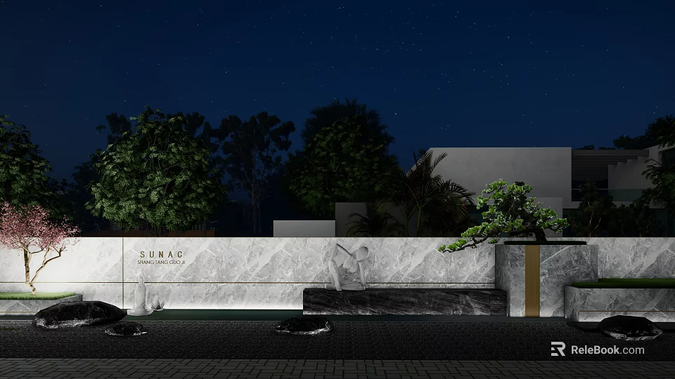 Illuminated Marble Feature Wall With Night View Green Plants And Water Elements 3d model 