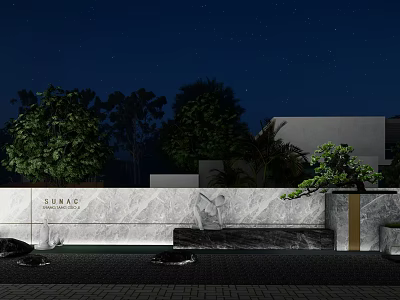 Illuminated Marble Feature Wall With Night View Green Plants And Water Elements 3d model