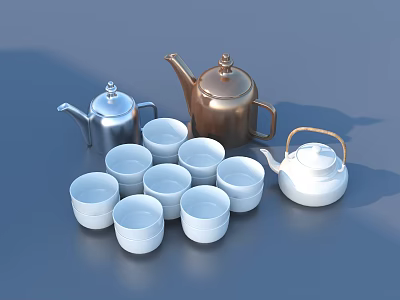 Household Tea Sets With Silver Copper White Teapots And Multiple White Cups 3d model