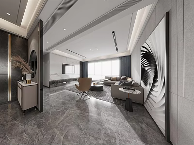 Modern Living Dining Room Interior With Gray Marble Floor Light Sofa And Abstract Painting 3d model