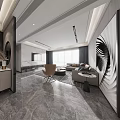 Modern Living Dining Room Interior With Gray Marble Floor Light Sofa And Abstract Painting