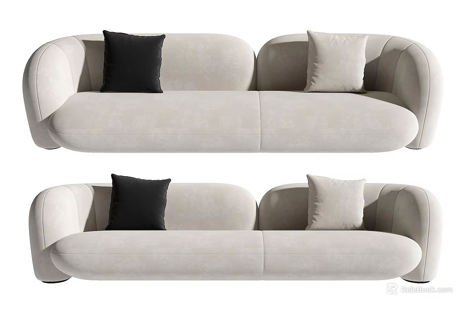 Elegant Beige Two Seater Sofa with Black and Beige Accent Pillows 3d model 