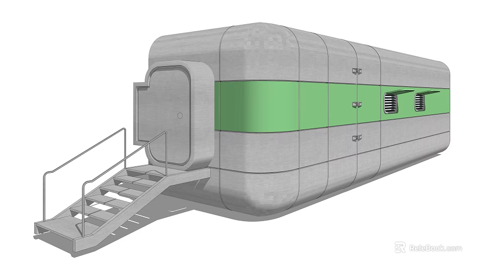 Gray Modular Building Unit With Green Stripe Door And Staircase Structure 3d model 
