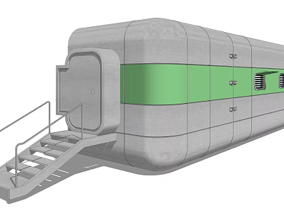 Gray Modular Building Unit With Green Stripe Door And Staircase Structure 3d model