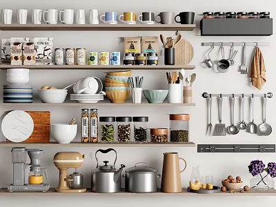 Essential Kitchen Utensils On Organized Shelves With Mugs Jars Pots Teapots And Coffee Maker 3d model