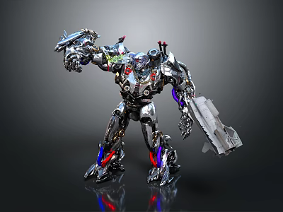 Detailed 3D Mechanical Robot Character With Silver Armor Red Blue Accents And Weapon Standing 3d model
