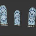 Architectural Arched Stained Glass Windows With Wooden Frames And Colorful Patterns