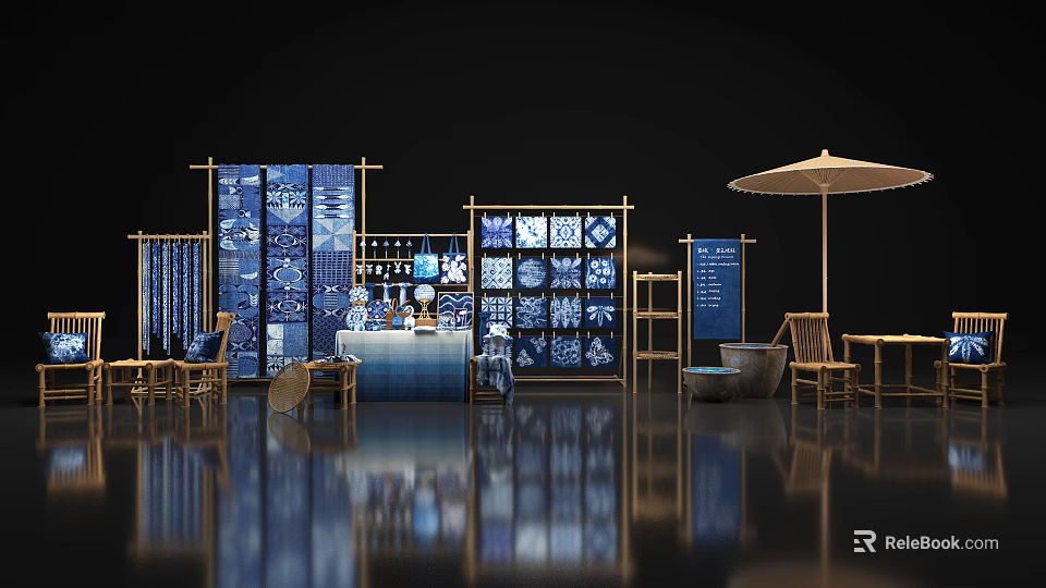 Oriental Art Installation Featuring Blue White Patterns Wooden Frames Screens And Display Shelves 3d model 