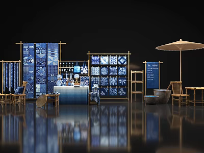 Oriental Art Installation Featuring Blue White Patterns Wooden Frames Screens And Display Shelves 3d model